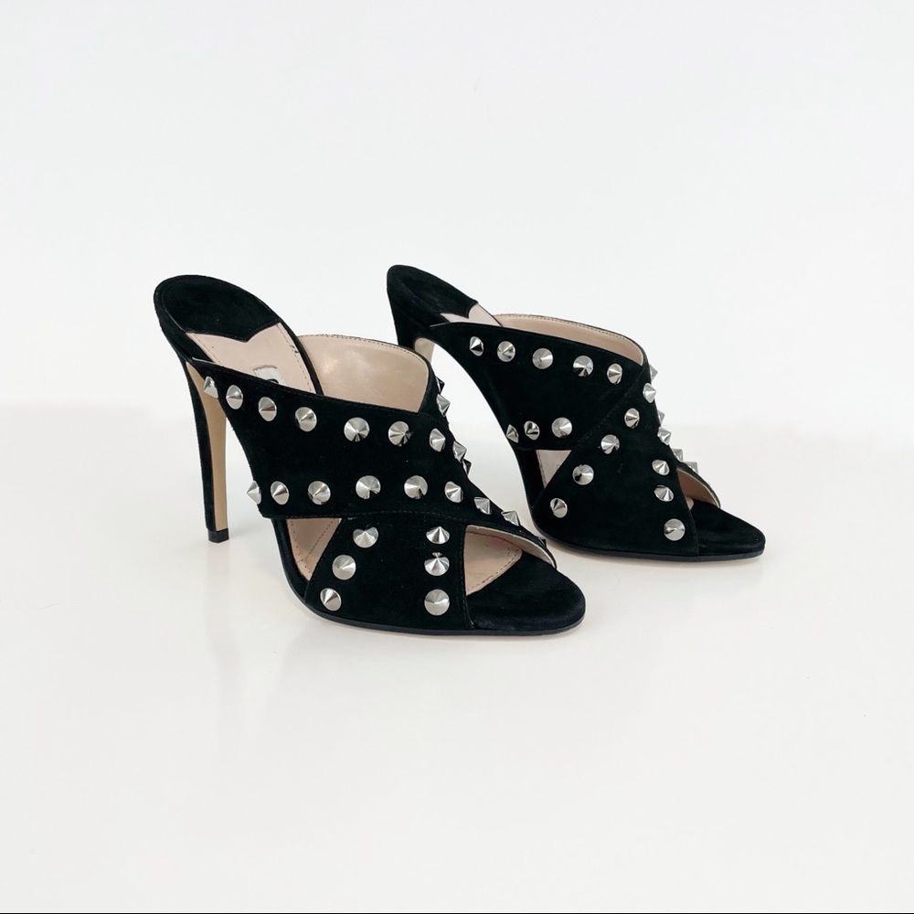 Miu Miu Black Suede Leather Crossover Slip On Heels Silver Studs Size 36